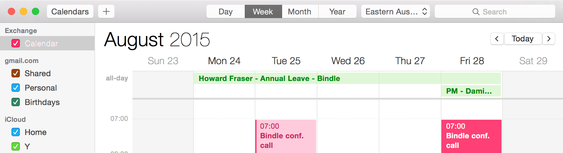Apple Calendar showing Bindle events